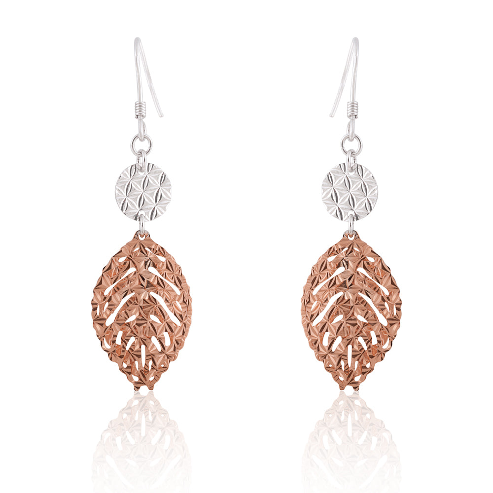 Sterling silver and Rose-gold Plated Etched Double-Leaf Dangle Earrings - RE-1078