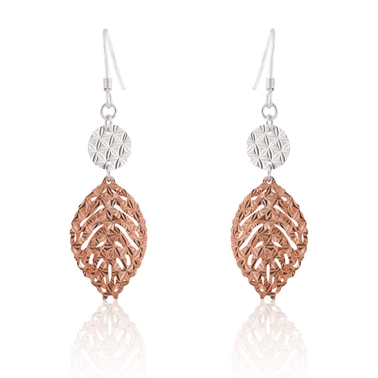 Sterling silver and Rose-gold Plated Etched Double-Leaf Dangle Earrings - RE-1078