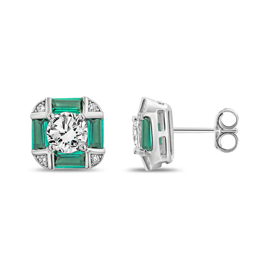 Baguette Square Stud Earrings with Coloured Cubic Zirconias - Sterling Silver - RE-2340