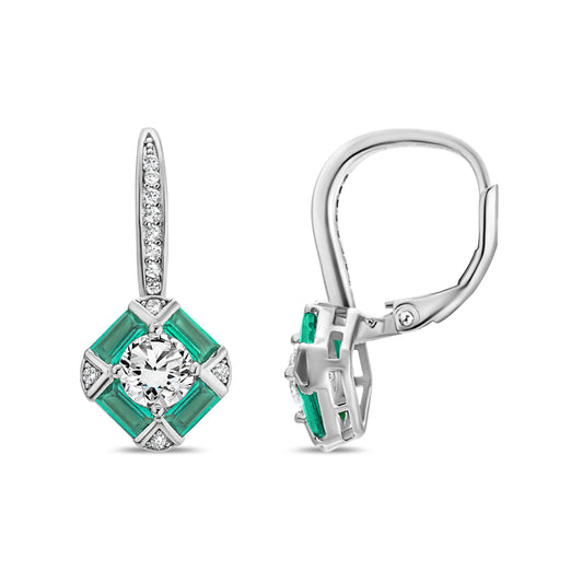 Baguette Square Leverback Earrings with Coloured Cubic Zirconias - Sterling Silver - RE-2349