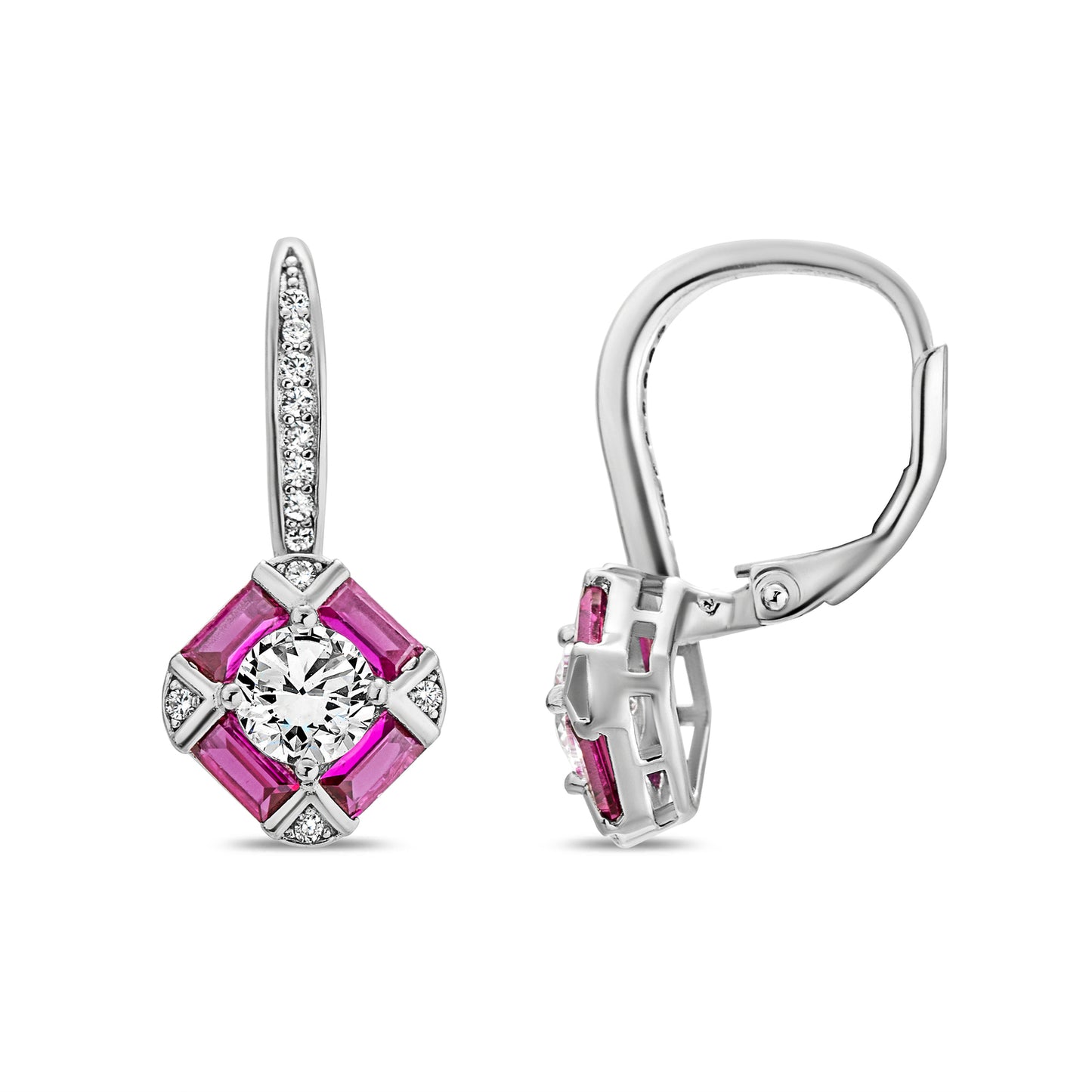 Baguette Square Leverback Earrings with Coloured Cubic Zirconias - Sterling Silver - RE-2349