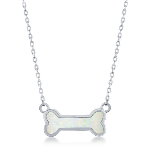 White Opal Inlay - Dog bone in Sterling Silver Pendant w/attached chain