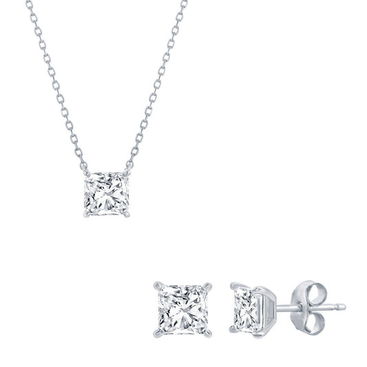 Sterling Silver & Princess Cut CZ Necklace and Earring SET - SET611 or SET612