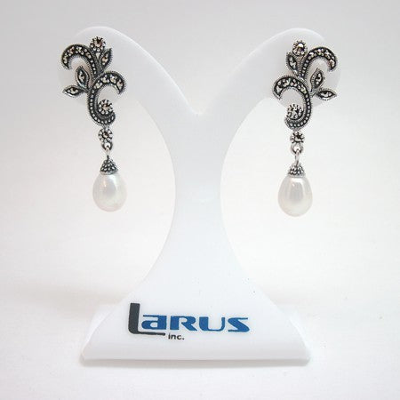 Marcasite and White Freshwater Pearl Sterling Silver Scroll Dangle Earrings - E511CFP