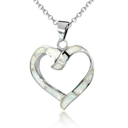 Open Heart with Opal Inlay - Sterling Silver with Chain (Blue or White)