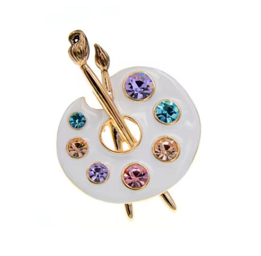 Artist Palette Brooch with Colourful Rhinestones and White Enamel - Jewelry Pin