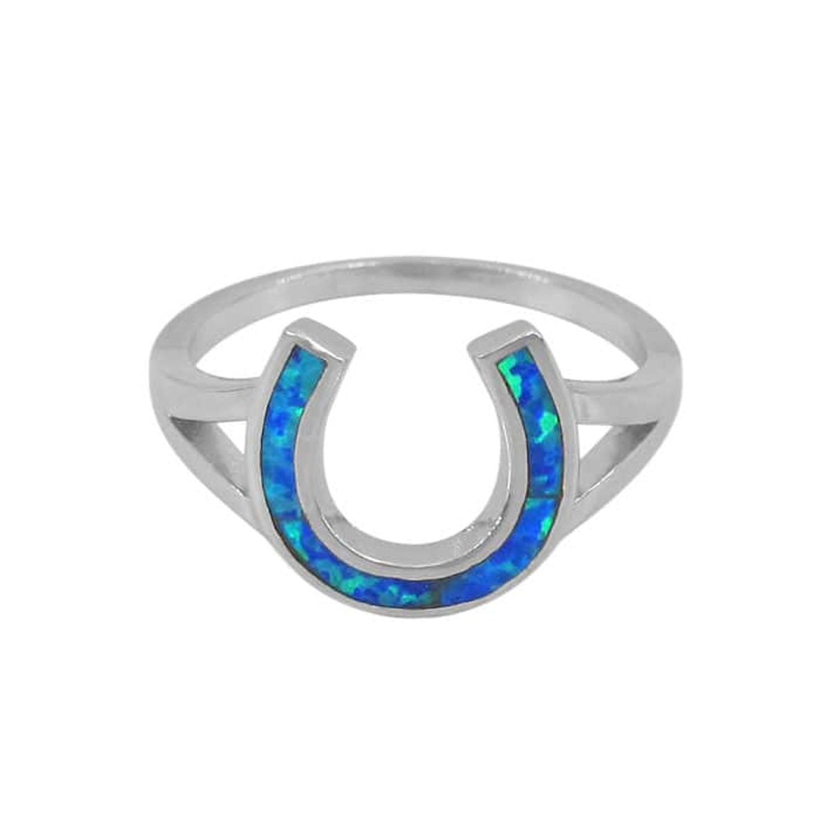 Sterling Silver Horseshoe Ring with Blue Fire Opal Inlay - A3211