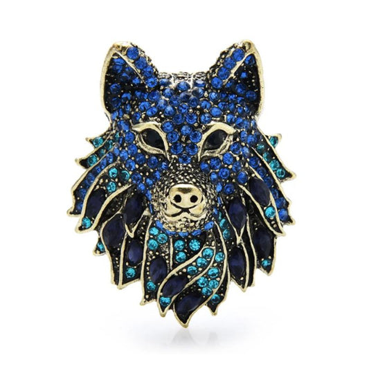 3-Dimensional Dog Face Brooch with Blue Rhinestones - Jewelry Pin