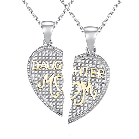 Sterling Silver with Gold plating - Two Necklaces, One Heart Pendant - Daughter & Mom