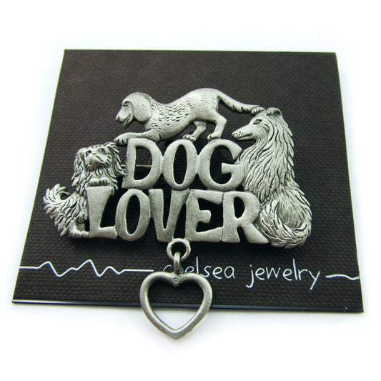Pewter Dog Lover Brooch with Dangling Heart - 1549PP