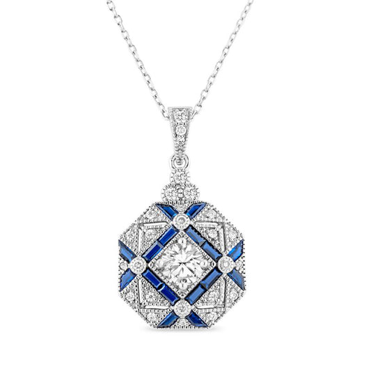 Art Deco Octagon Edwardian Pendant with Navy and Clear Cubic Zirconias