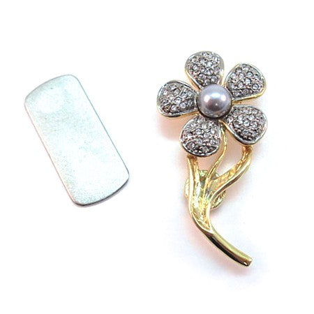 Magnetic Brooch - Pave Crystal Flower w/Faux Grey Pearl Center