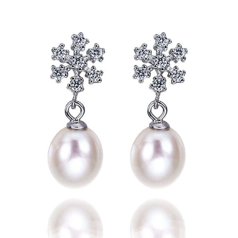 Sterling Silver and Freshwater Pearl & Cubic Zirconia Snowflake Pendant or Earrings