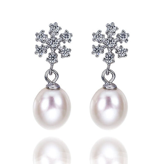 Sterling Silver and Freshwater Pearl & Cubic Zirconia Snowflake Pendant or Earrings