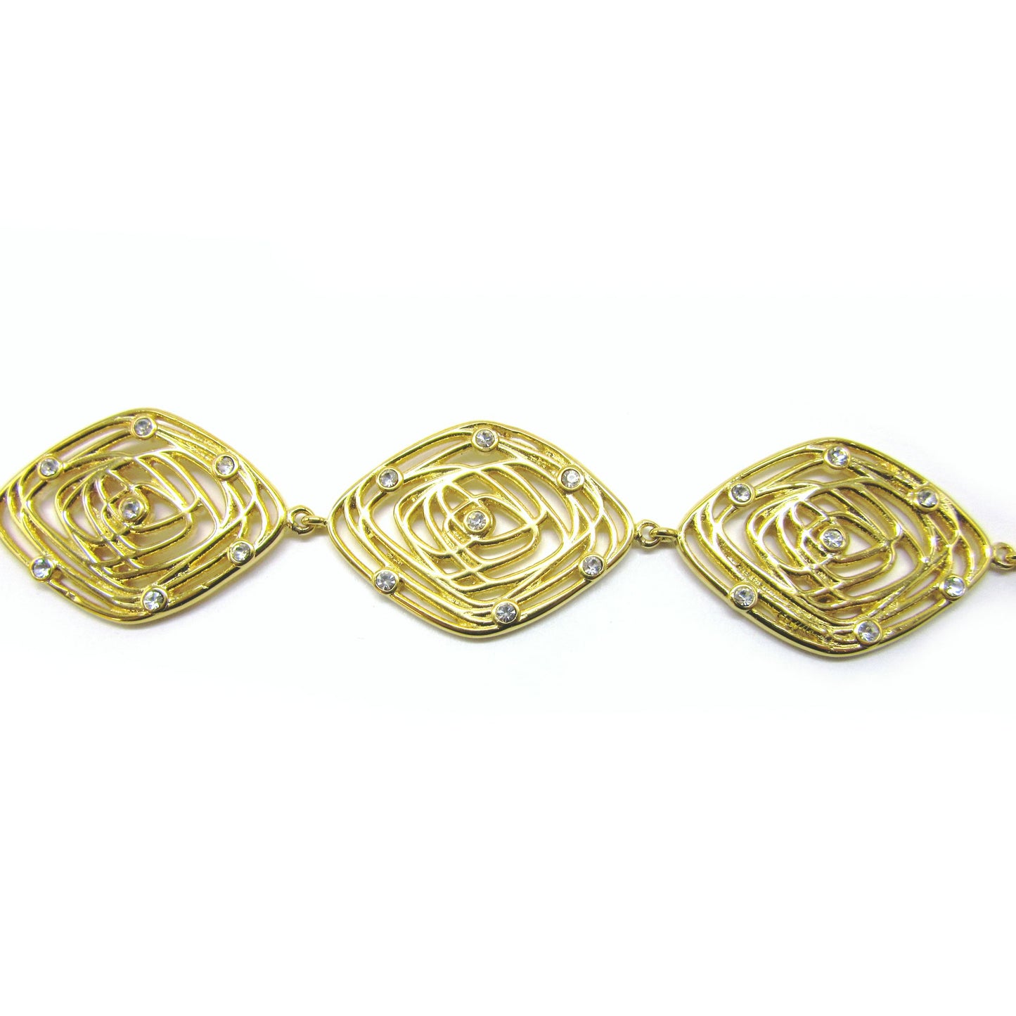 Gold-plated Steel Bracelet with Diamond-shaped Links and Cubic Zirconias - BR3826