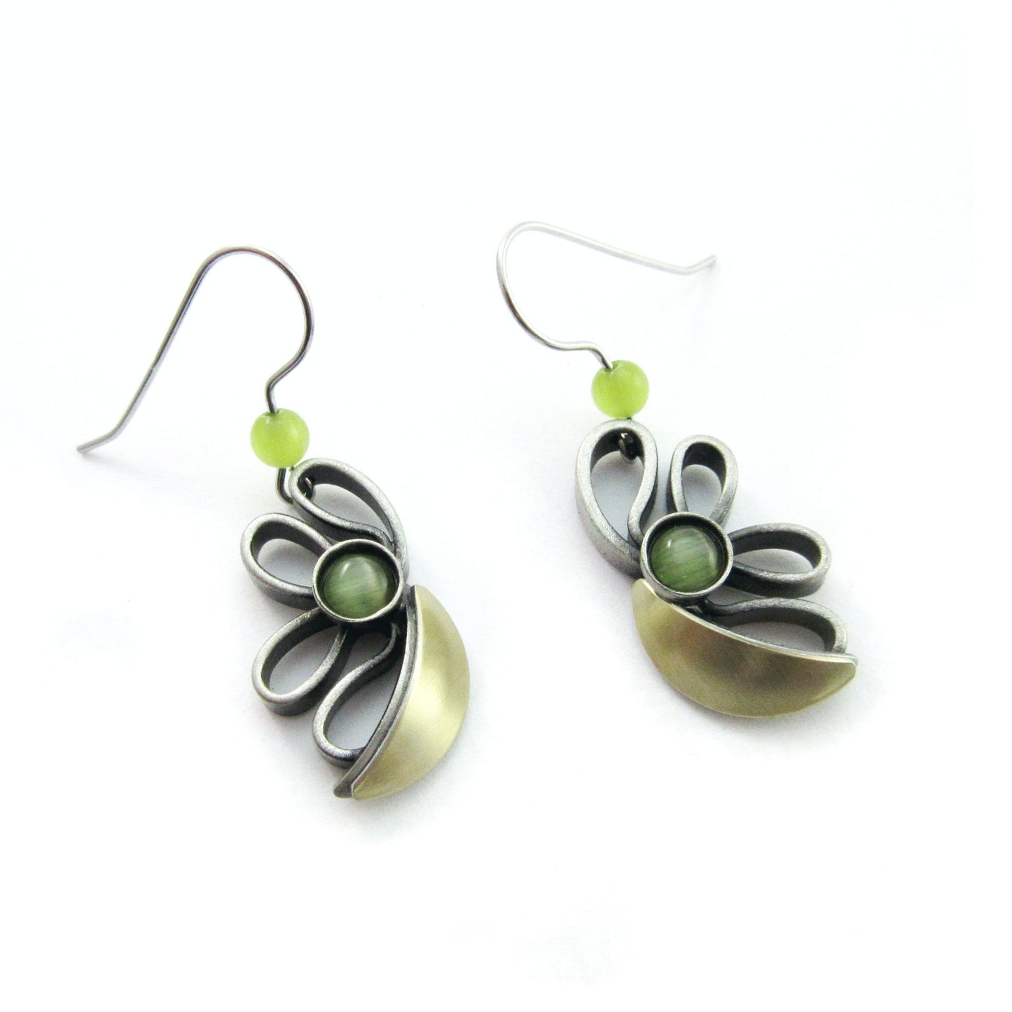 Green Cats Eye Two-tone Half-flower Design by Christophe POLY - Dangle Earrings