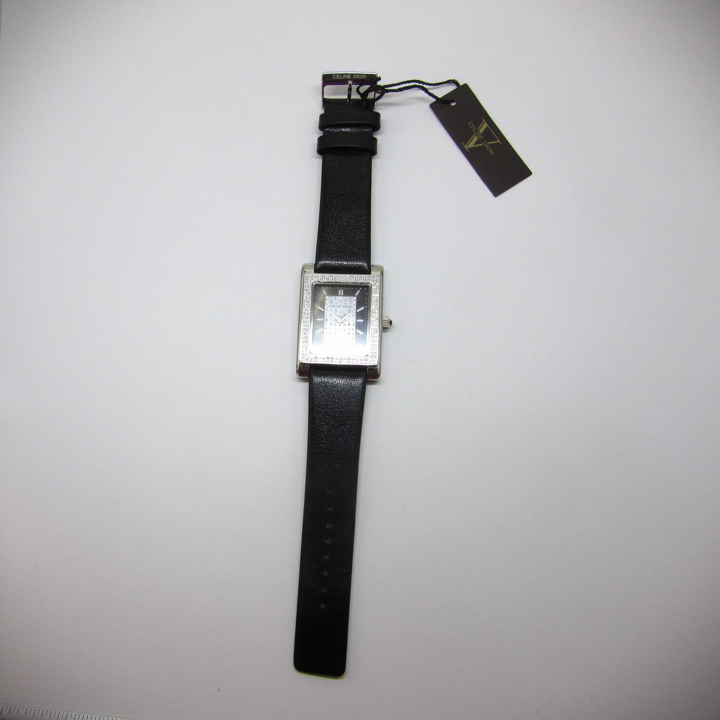CELINE DION - Tank Style Crystal Pave Case with Black Band Wristwatch