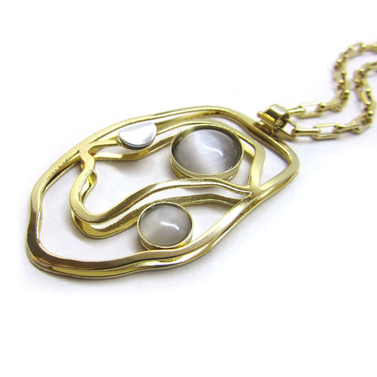 Light Grey Cats Eye Goldtone Necklace with Long Chain by Christophe POLY