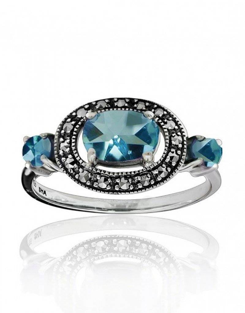 Sterling Silver Marcasite and Three Oval Blue Topaz Ring - 01R133BTF
