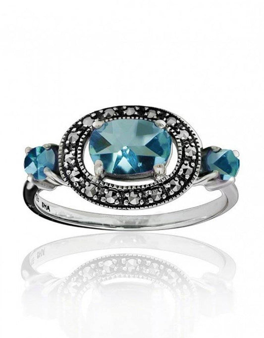 Sterling Silver Marcasite and Three Oval Blue Topaz Ring - 01R133BTF