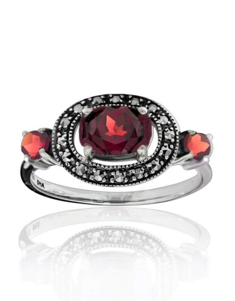 Sterling Silver Marcasite and Three Oval Garnet Ring - 01R133GFA