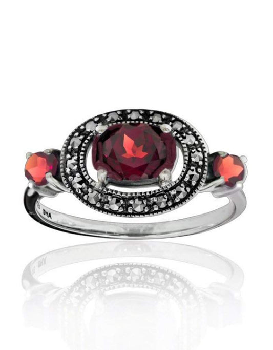 Sterling Silver Marcasite and Three Oval Garnet Ring - 01R133GFA