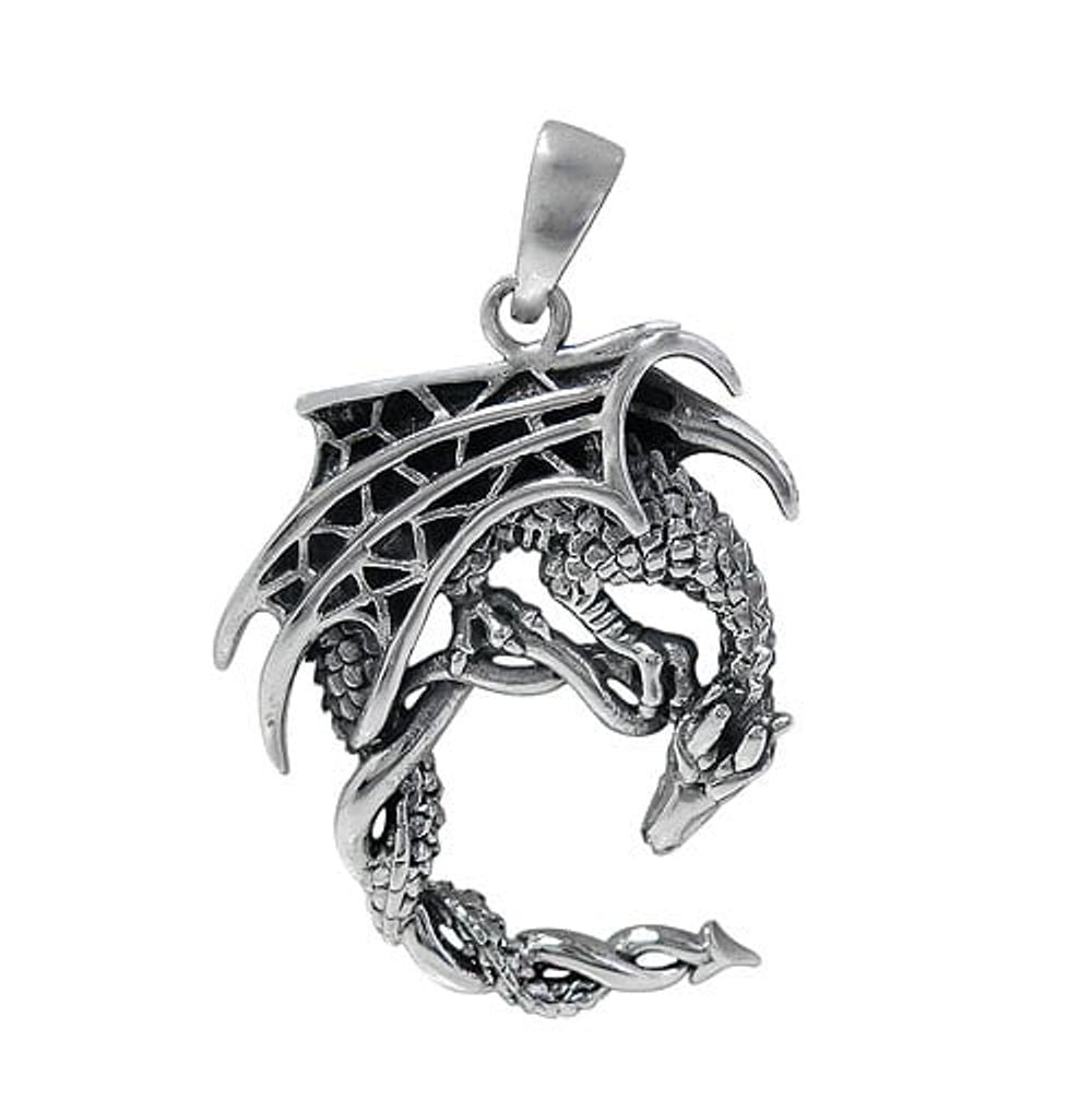 Sterling Silver Detailed Winged Dragon Pendant