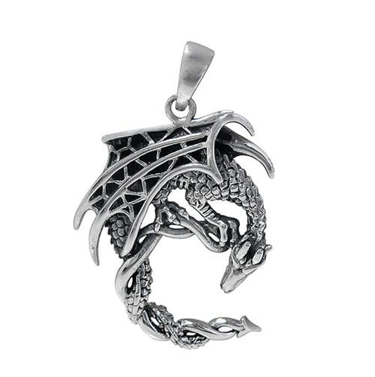 Sterling Silver Detailed Winged Dragon Pendant